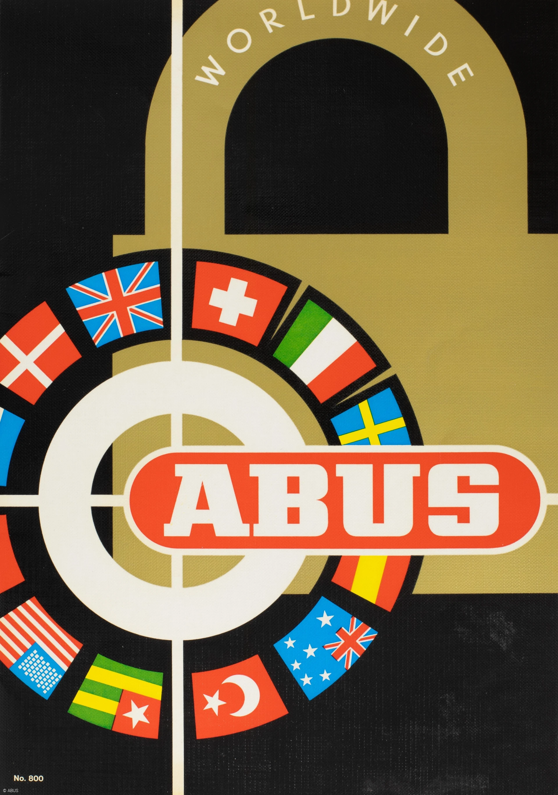 Een poster met de omtrek van een hangslot en een groot aantal vlaggen in een cirkel ernaast, met het opschrift "ABUS Worldwide" © ABUS