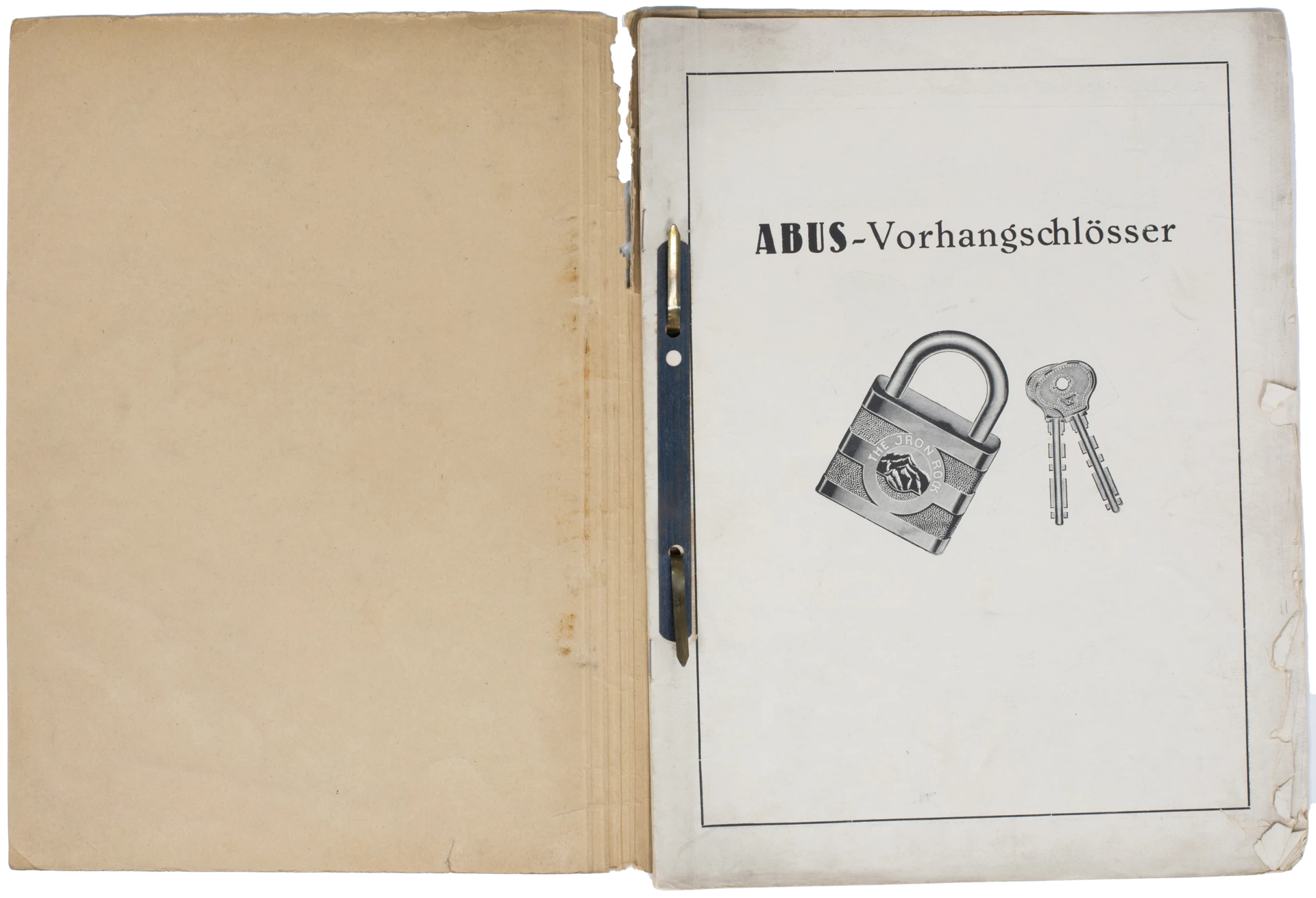 Een opengeslagen map met een voorblad waarop een hangslot en een paar sleutels met het bovenschrift "ABUS-hangsloten" © ABUS
